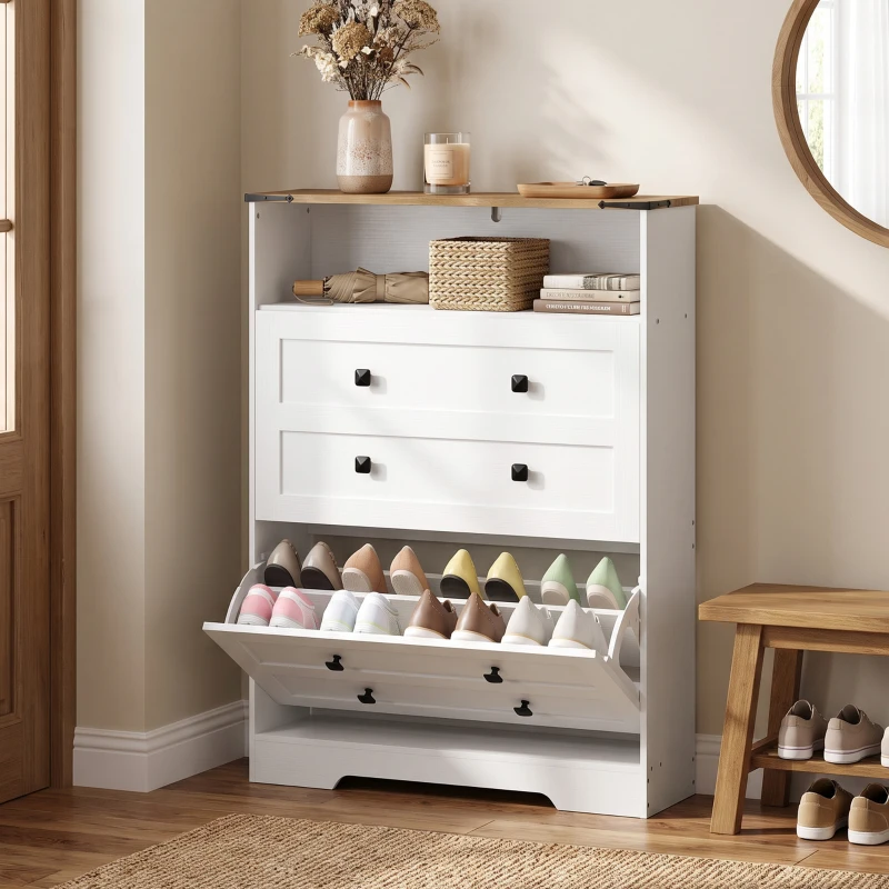 HOMCOM Shoe Cabinet with 2 Flip Drawers, Narrow Shoe Storage Cabinet, White