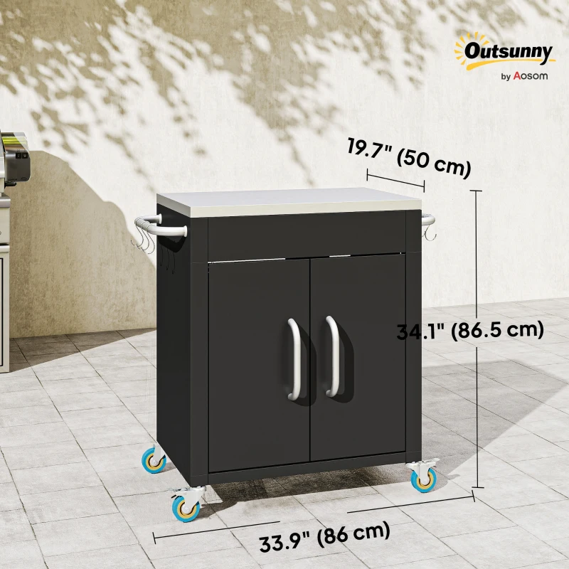 Outsunny Outdoor Grill Cart with Stainless Steel Top, Pizza Oven Table with Wheels Hooks Cabinet Handles,  Black