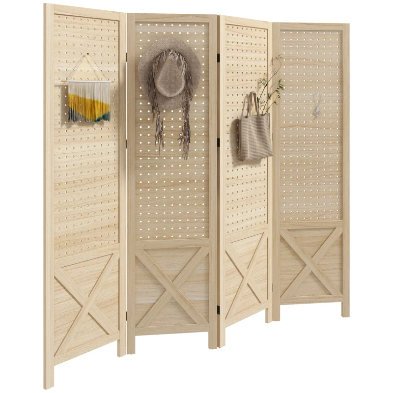 HOMCOM 4.7' 4 Panel Wooden Room Divider with Pegboard Display, Folding Privacy Screen for Home Office, Natural