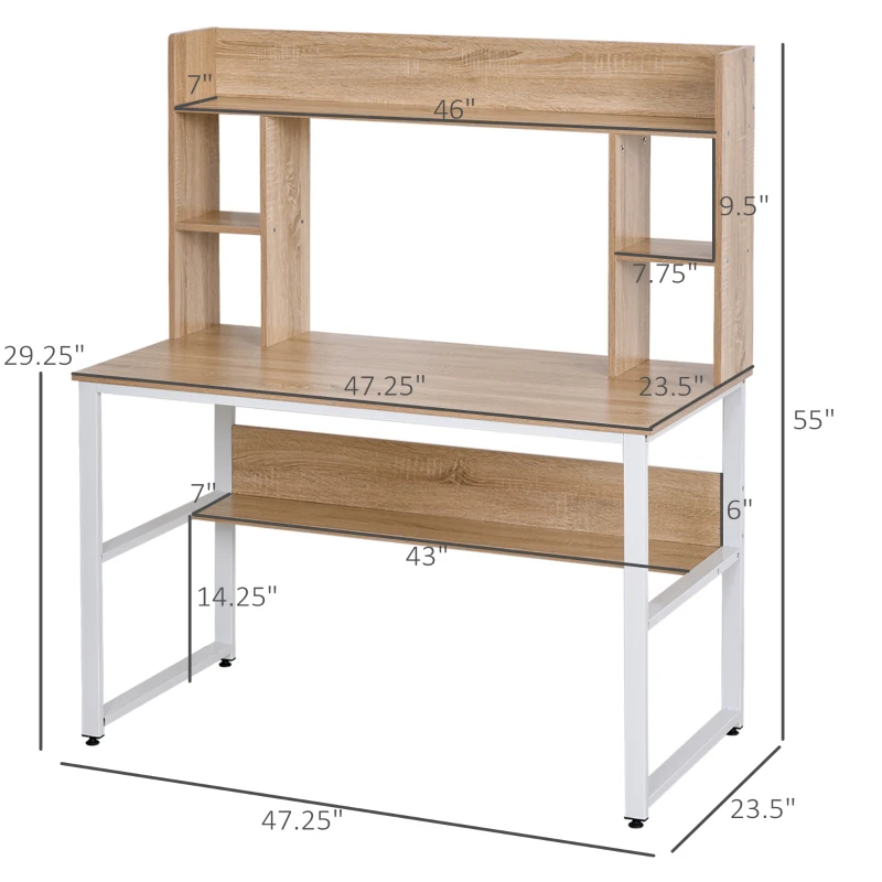 HOMCOM Office Computer Desk Writing Table Workstation with Storage Shelves,  Decorative Hutches, & Strong Build, Oak