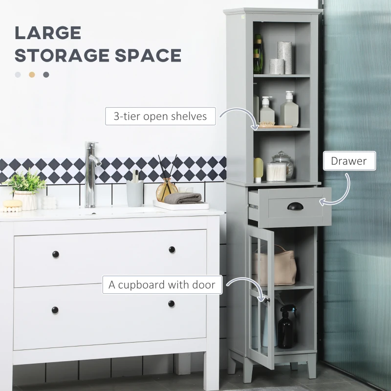 kleankin Slim Bathroom Storage Cabinet Door & Shelves Linen Tower, Gray