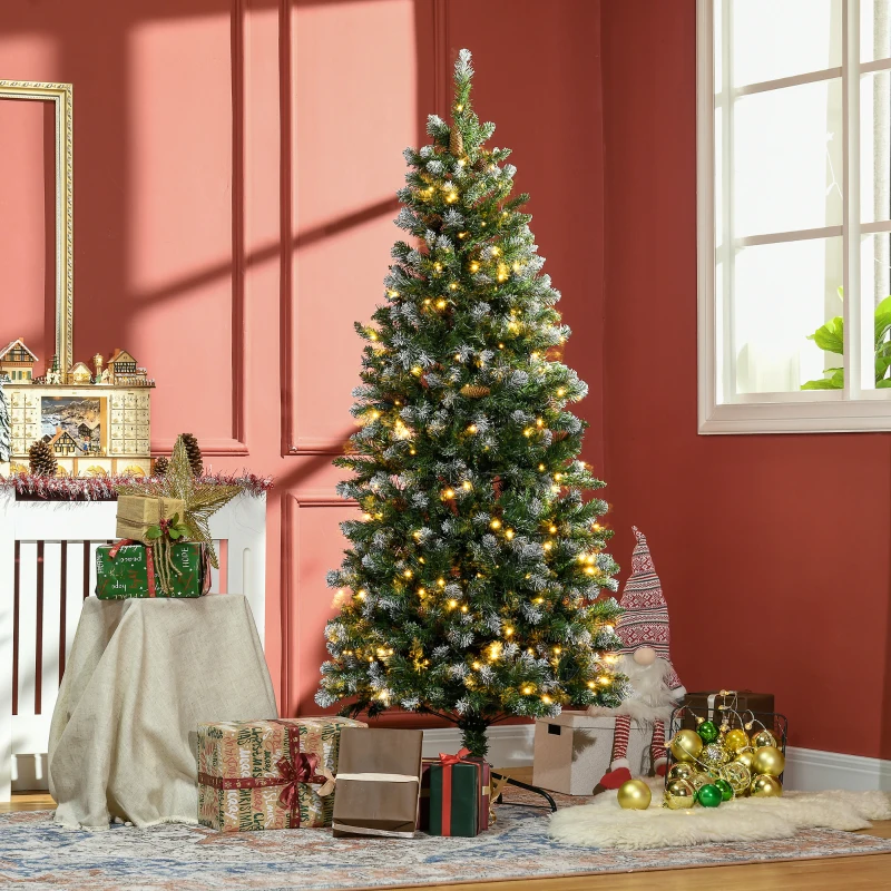 HOMCOM 6' Decorated Christmas Trees, Skinny Prelit Artificial Christmas Tree with Snow-dipped Branches, Auto Open, Pinecones