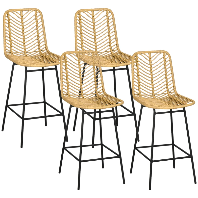HOMCOM Set of 4 Rattan Barstools Wicker Counter Stools with Steel Legs and Footrest for Dining Room Kitchen Pub Yellow