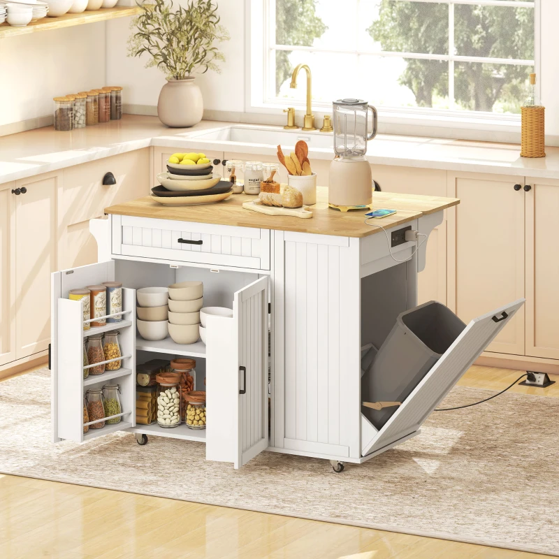 HOMCOM Kitchen Island Cart, Portable Kitchen Island Table with Charging Station, Rubber Wood Drop Leaf, Trash Storage, White