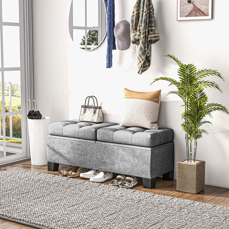 HOMCOM 46" Storage Ottoman Bench, Upholstered End of Bed Bench with Steel Frame, Button Tufted Storage Bench with Safety Hinges for Living Room, Entryway, Bedroom, Gray