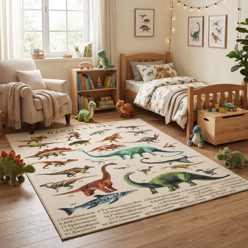 Qaba Large Play Mat 79" x 59", Crawling Mat for Toddlers, Living Room and Bedroom with Dinosaur Pattern, Khaki