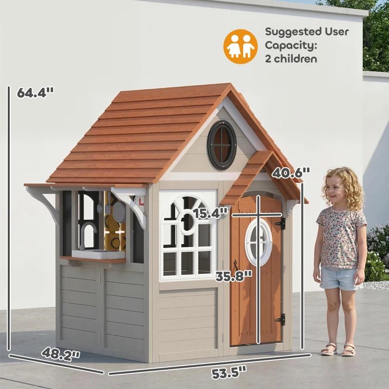 Qaba Outdoor Playhouse, Wooden Kids Playhouse with Dog Door, Cookware, Blackboard, Clock, Tic-Tac-Toe Roller for Backyard