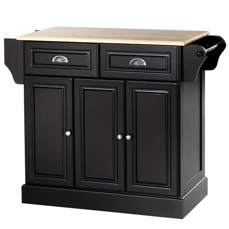 HOMCOM Kitchen Island with Storage Rolling Kitchen Serving Cart with Rubber Wood Top Towel Rack Storage Drawer Cabinet, Black