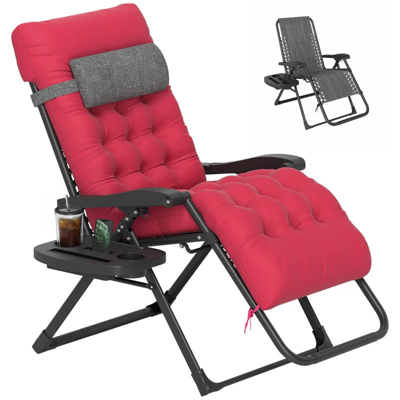 Outsunny Padded Folding Recliner Chair, Patio Lounger with Cupholder, Adjustable Backrest, Removable Cushion, Red