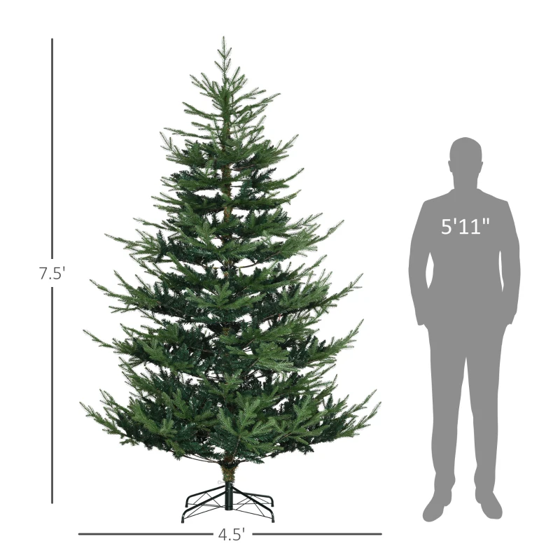 HOMCOM 7.5 Foot Artificial Christmas Tree, Nordic Pine Hinged Xmas Tree with 1218 Realistic Branches, Wide Steel Base, Auto Open, Green