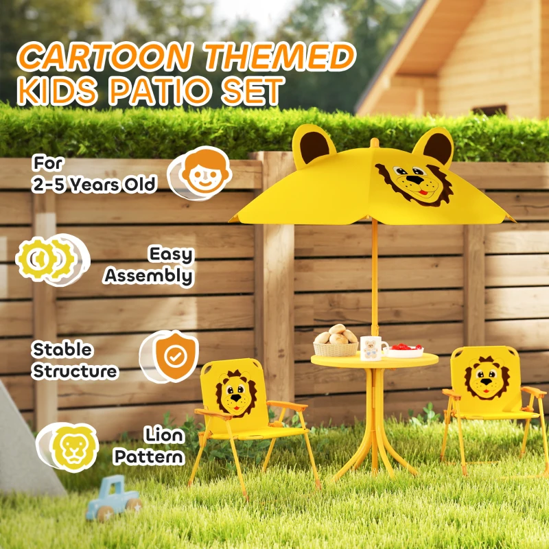 Qaba Kids Picnic Table and Chair Set, Outdoor Activity Table with Foldable Chairs, Height Adjustable Umbrella, Yellow