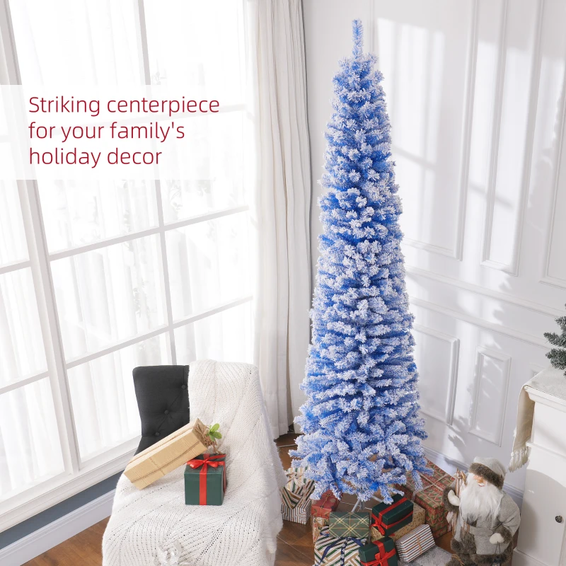 HOMCOM 7.5ft Flocked Christmas Tree, Pencil Christmas Tree with Realistic Branch Tips, Folding Metal Stand, Blue