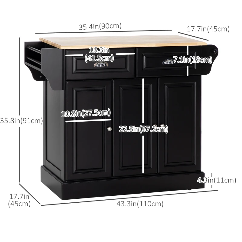 HOMCOM Kitchen Island with Storage Rolling Kitchen Serving Cart with Rubber Wood Top Towel Rack Storage Drawer Cabinet, Black