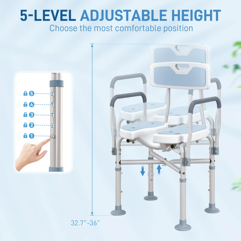 HOMCOM Bath Seat with Adjustable Height, Anti-slip, HDPE Padded Shower Chair with Arms and Back, Light Blue