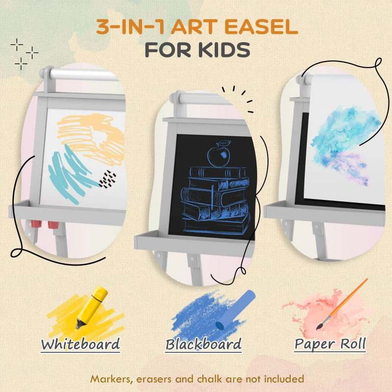 Qaba Double Sided Easel for Kids, Standing Toddler Easel with Paper Roll, Magnetic Whiteboard, Chalkboard & Storage, Gray