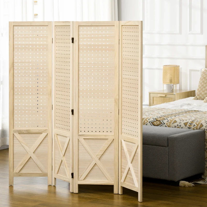 HOMCOM 4.7' 4 Panel Wooden Room Divider with Pegboard Display, Folding Privacy Screen for Home Office, Natural