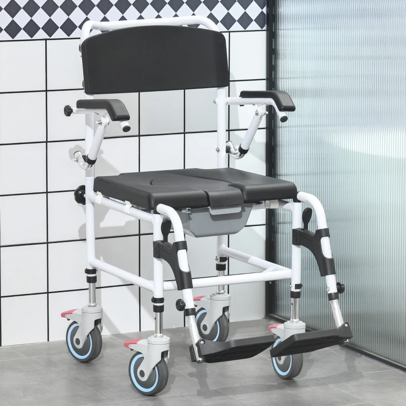 HOMCOM Accessibility Commode Wheelchair, Rolling Shower Wheelchair with 4 Castor Wheels, Rectangle Detachable Bucket, & Waterproof Design, 17" Seat Width, Black