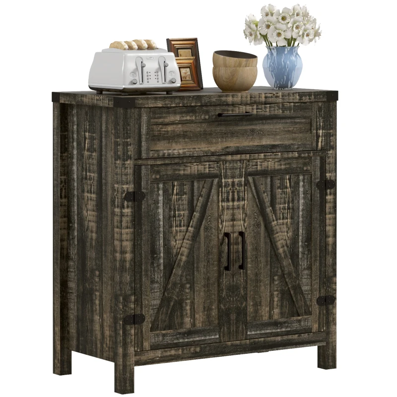 HOMCOM Modern Farmhouse Sideboard with Storage, Buffet Cabinet with 2 Barn Doors and Drawer for Dining Room, Dark Oak