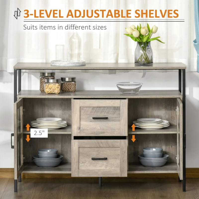 HOMCOM Industrial Sideboard Buffet Cabinet, Coffee Bar Cabinet with Adjustable Shelves, Glass Doors, and 2 Drawers for Kitchen, Living Room, Gray