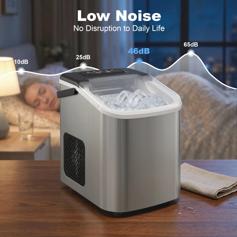 HOMCOM Portable Ice Maker Countertop, Self-Cleaning Ice Machine with 2 Bullet Ice Sizes, Ice Scoop, Silver
