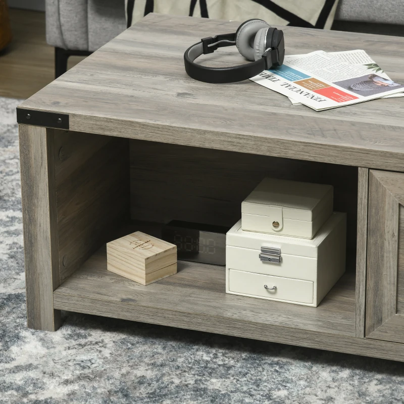 HOMCOM Farmhouse Coffee Table with Storage and Drawer, Rustic Coffee Table for Living Room, Open Shelf, Gray Oak