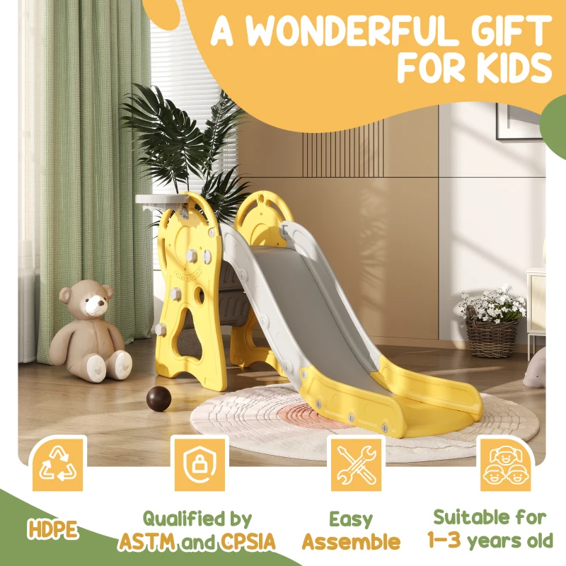 Qaba 3 in 1 Toddler Slide with Basketball Hoop, Climber, Duck Pattern for Kids 1-3 Years, Yellow