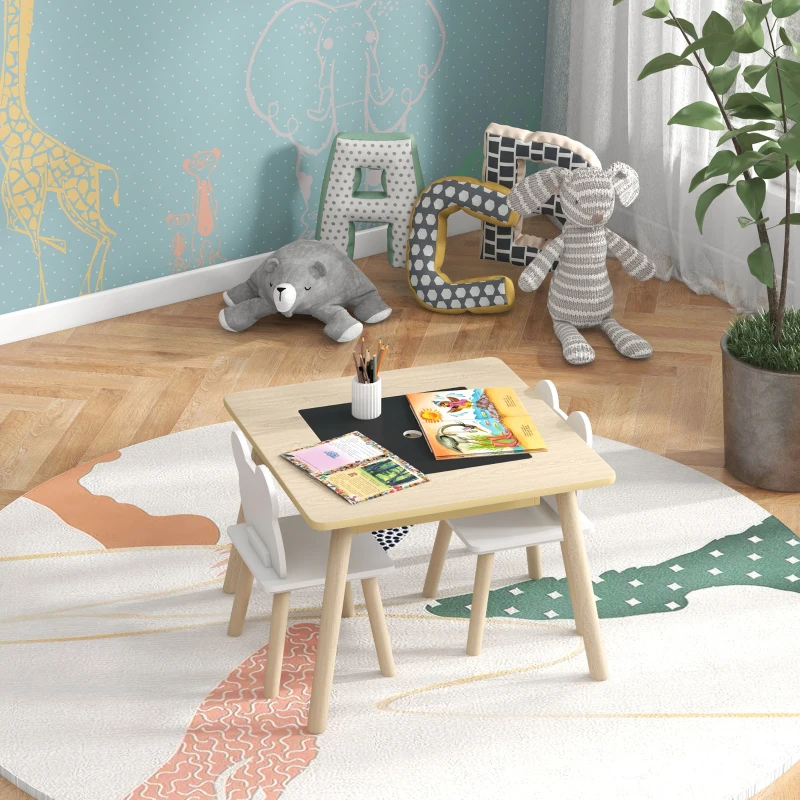 Qaba 3 Piece Kids Table and Chair Set with Convertible Desk with Storage, 3 in 1 Toddler Table and Chair Set for Nursery