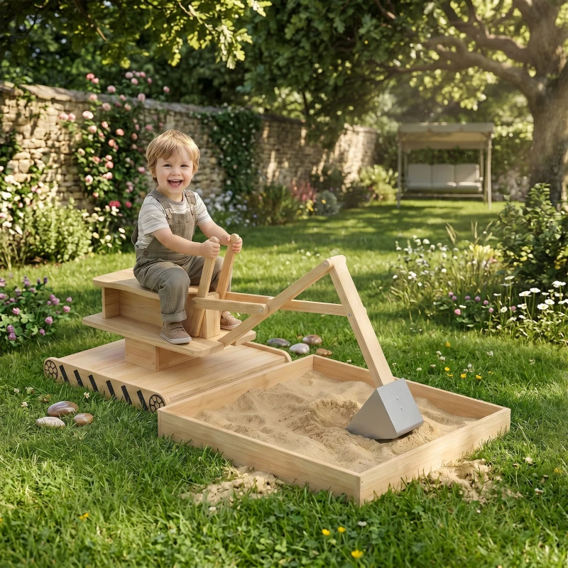 Qaba Wooden Sandbox with Digger, Kids Sandbox with 360° Rotating Seat & Bottom Liner, 72" x 35" x 22"