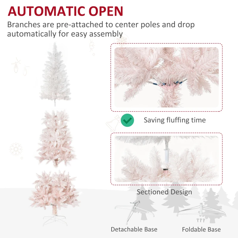 HOMCOM 6' Tall Unlit Pencil Fir Artificial Christmas Tree with Realistic Branches and Steel Base, Pink and White