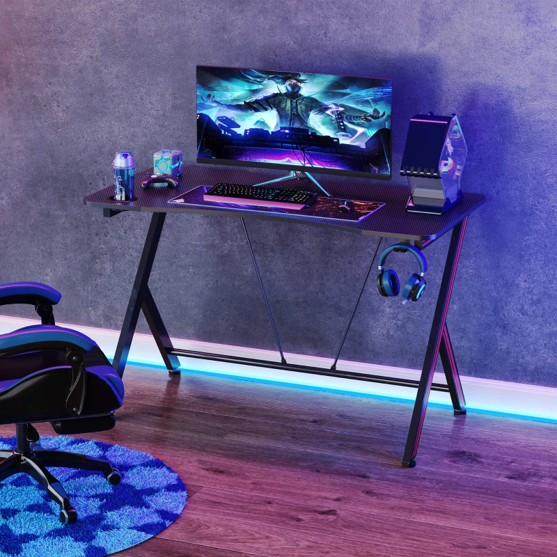 HomCom 41 inch Gaming Computer Desk, Home Office Gamer Table Workstation with Cup Holder, Headphone Hook, Cable Management, Carbon Fiber Surface