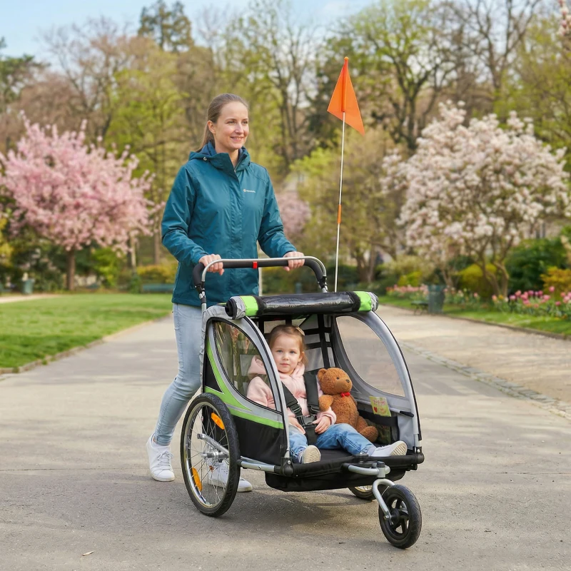 Aosom 2 Seat Bike Trailer for Kids 2-in-1 Double Baby Stroller with Handbrake, Rubber Wheels, 5 Point Harness, Waterproof Cover, Storage Bag, Reflectors, Green