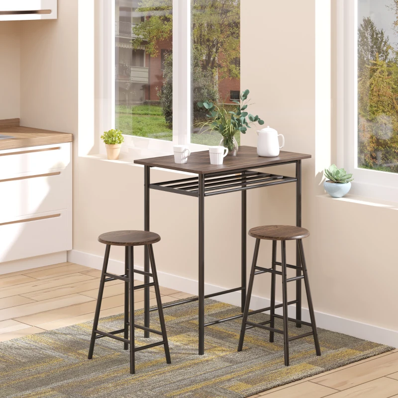 HOMCOM 3 Piece Counter Height Bar Table and Chairs Set, Space Saving Dining Table with 2 Matching Stools, Storage Shelf Metal Frame Footrest, Black, Brown