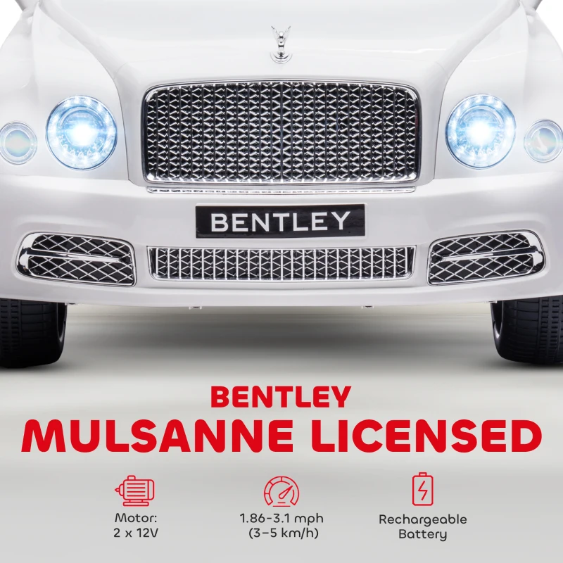 Aosom Bentley Mulsanne 12V Ride on Car, Battery Powered Car with Remote Control, Suspension, Startup Sound, LED Lights, MP3, Horn, Music, Forward and Backward, 2 Motors, White