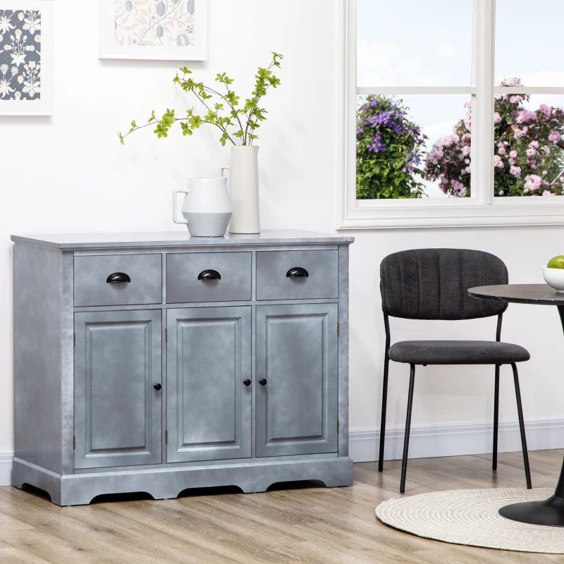 HOMCOM Sideboard Buffet Kitchen Sideboard Cabinet with 3 Drawers 3 Door Cabinets Adjustable Shelf for Living Room Gray