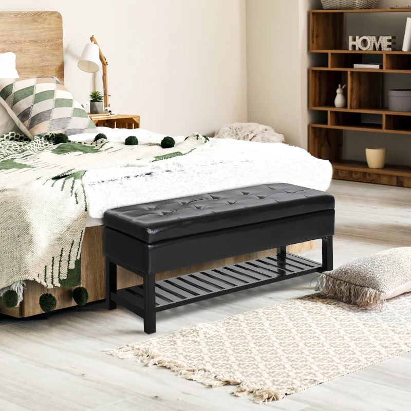 HomCom 44" Tufted Faux Leather Ottoman Storage Bench With Shoe Rack - Black