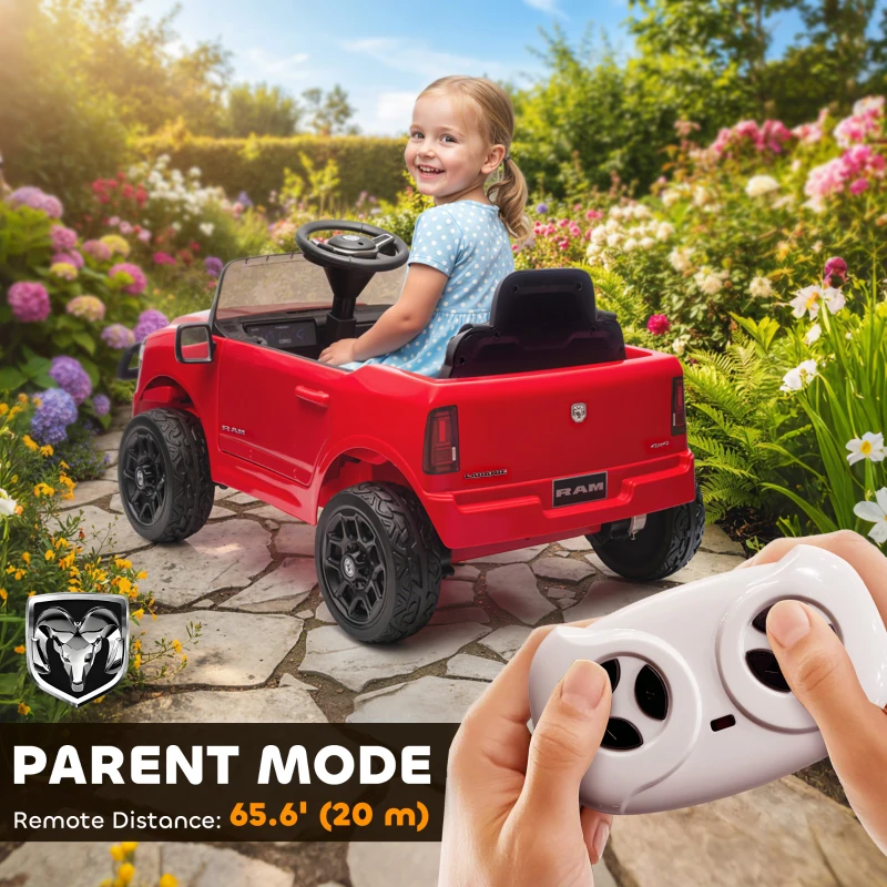 Qaba 12V Kids Ride on Car, Licensed Dodge RAM 3500 Ride on Toys with Dual Motors, Remote Control for Toddlers, Red