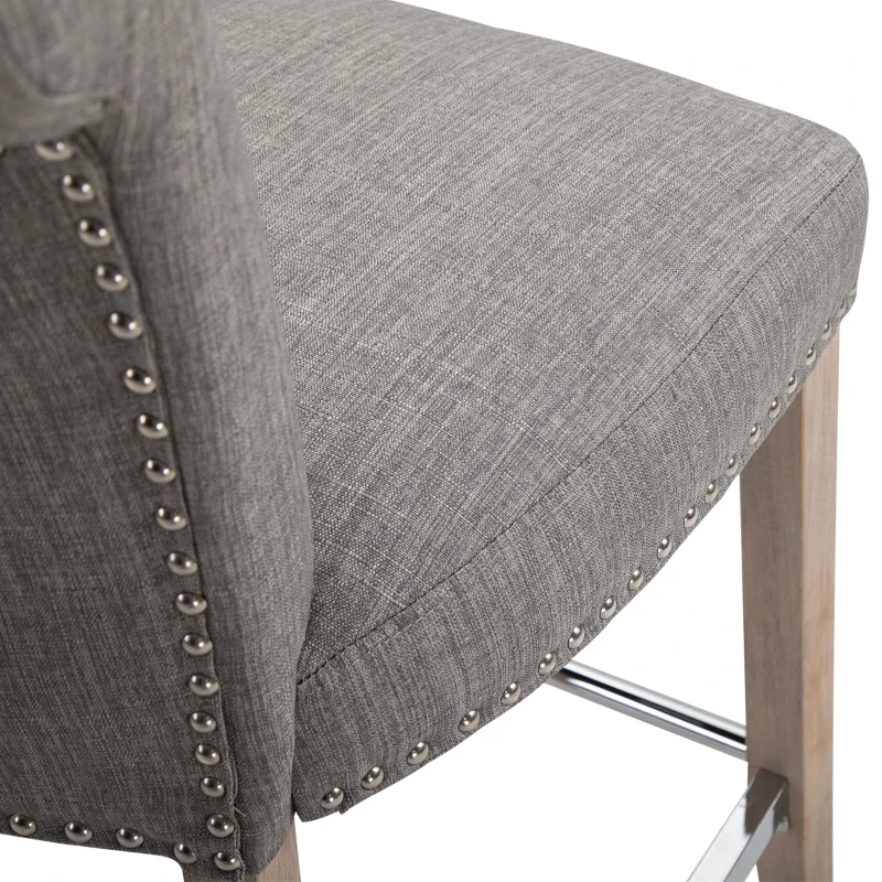 HOMCOM 26"Counter Height Bar Stools Set of 2, Linen Upholstered Tufted Dining Chairs with Steel Footrest, and Solid Wood Legs, Grey