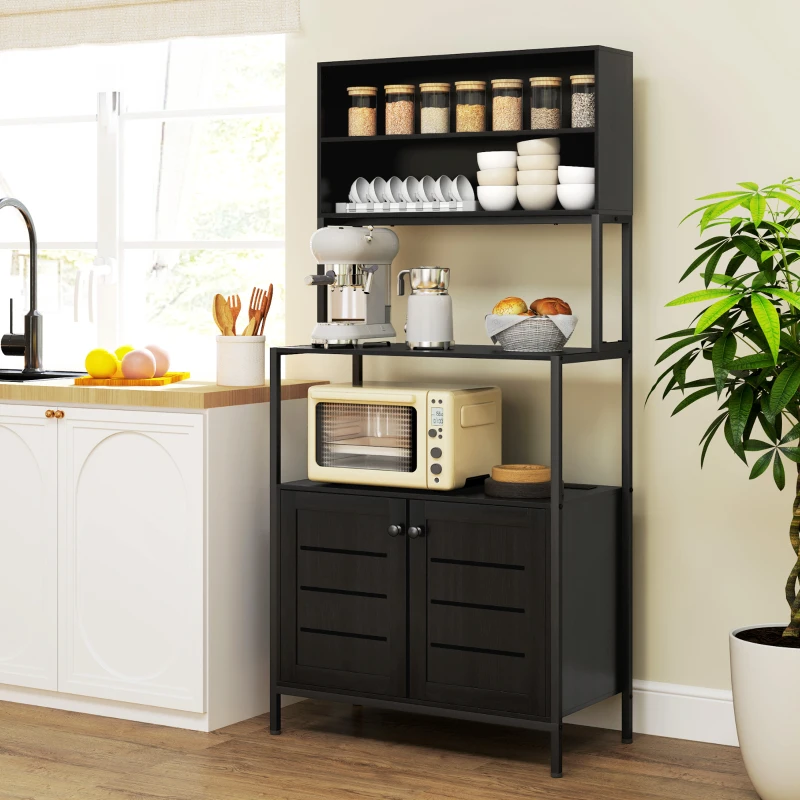 HOMCOM Baker's Rack with Power Outlet and Storage Shelves, Microwave Stand with Louvred Door Cabinets, Black