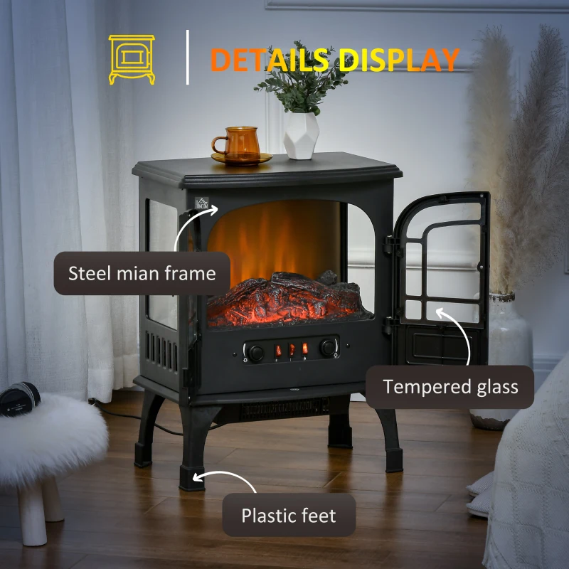 HOMCOM 26" Electric Fireplace Heater, Freestanding Fireplace Stove with Realistic LED Flames, Overheating Protection, 750W/1500W, Black