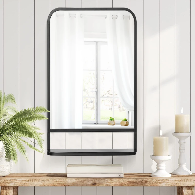 HOMCOM 34" x 21" Rectangle Modern Wall Mirror with Storage Shelf, Mirrors for Wall in Living Room, Bedroom, Black