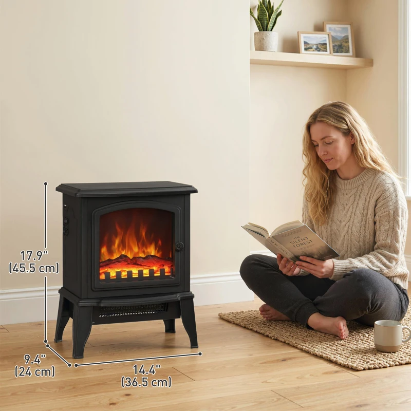 HOMCOM Electric Fireplace Heater, Freestanding Fireplace Stove with Realistic Flame Effect, Overheat Safety Protection, 750W/1500W, Black