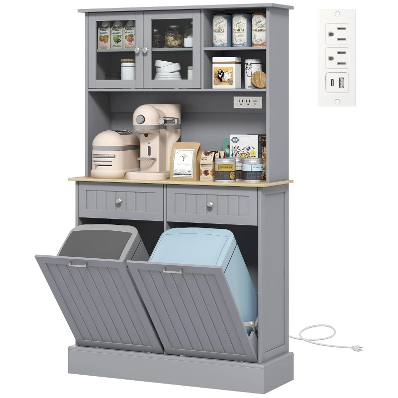 HOMCOM Kitchen Cabinet with Charging Station, 2 Tilt Out Cabinets, Microwave Stand, Freestanding Kitchen Pantry Cabinet, Grey