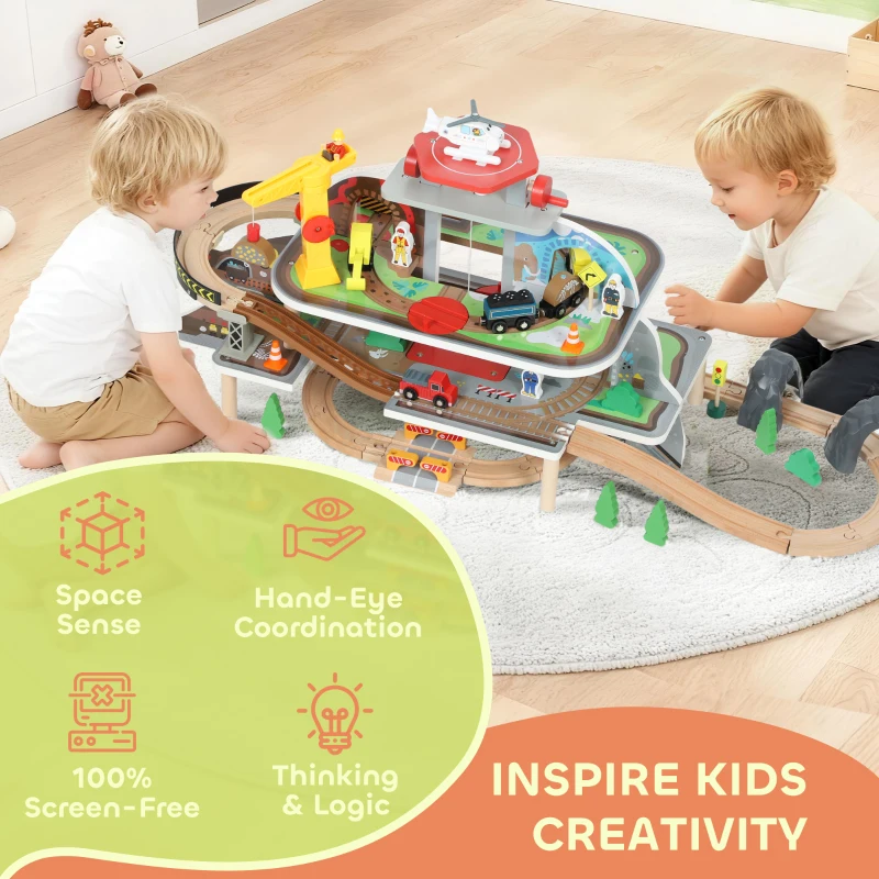 Qaba 79Pcs Wooden Train Set Mine Themed with Crane, Helicopter, Track & Accessories, for Boys & Girls 3+ Years Old