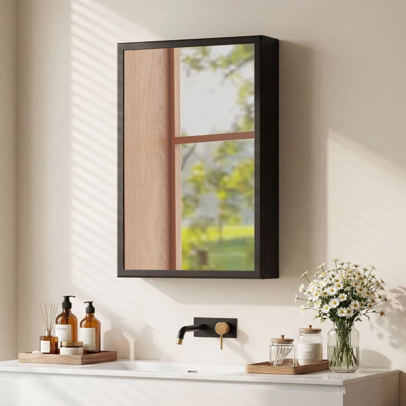 kleankin Wall Mounted Bathroom Medicine Cabinet with Hinged Door Storage Shelves for Living Room and Laundry Room Black