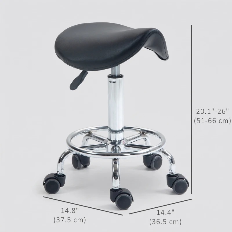 HOMCOM Saddle Stool, PU Leather Adjustable Rolling Salon Chair for Massage, Spa, Clinic, Beauty and Tattoo, Black