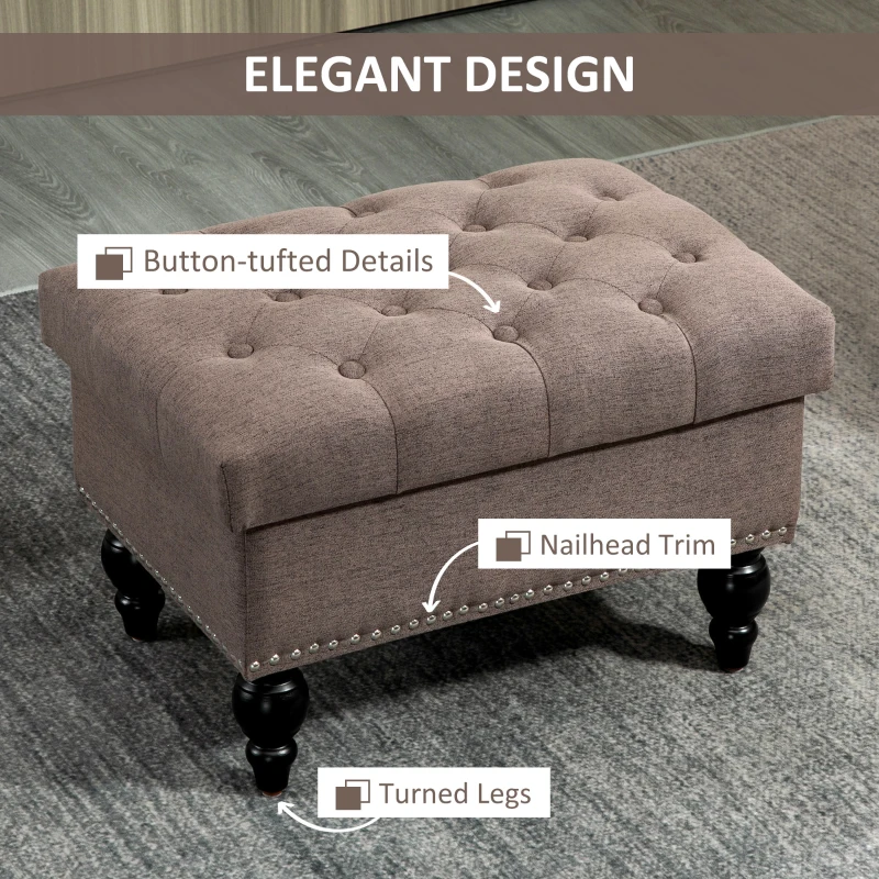 HOMCOM 25" Storage Ottoman with Removable Lid, Button-Tufted Fabric Bench for Footrest and Seat with Wood Legs, Coffee