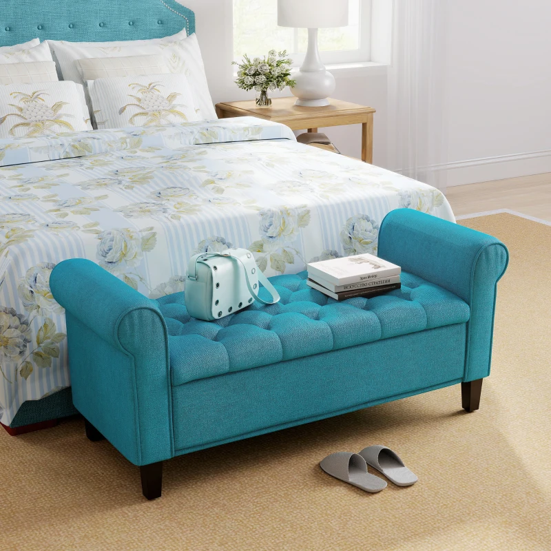 HOMCOM 50 Inches Storage Ottoman, End of Bed Bench with Rolled Arms, Wood Legs, Button Tufted Storage Bench, Teal