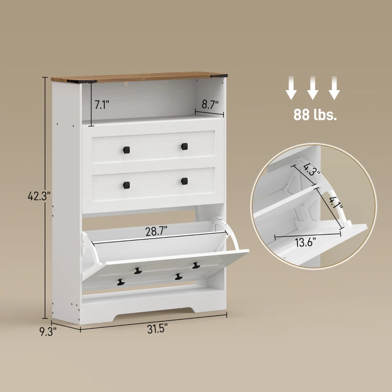 HOMCOM Shoe Cabinet with 2 Flip Drawers, Narrow Shoe Storage Cabinet, White