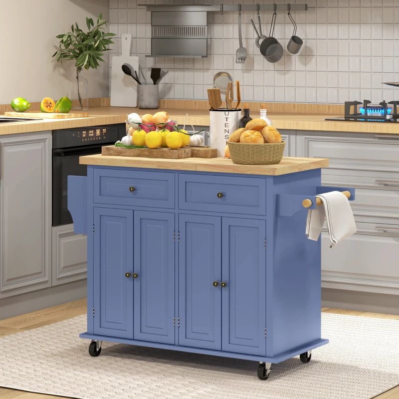 HOMCOM Kitchen Island on Wheels, Rolling Cart with Rubberwood Top, Spice Rack, Towel Rack and Drawers, Navy Blue