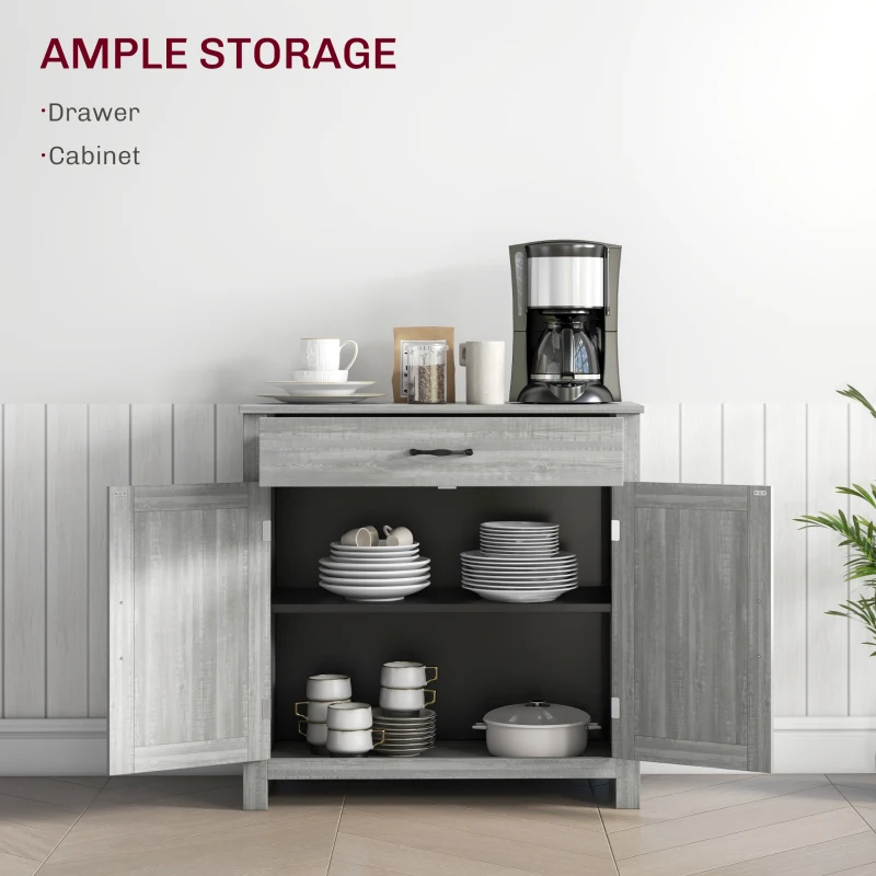 HOMCOM Farmhouse Sideboard Cabinet with Barn Doors Kitchen Buffet Cabinet with Drawer and Adjustable Shelf Stone Gray